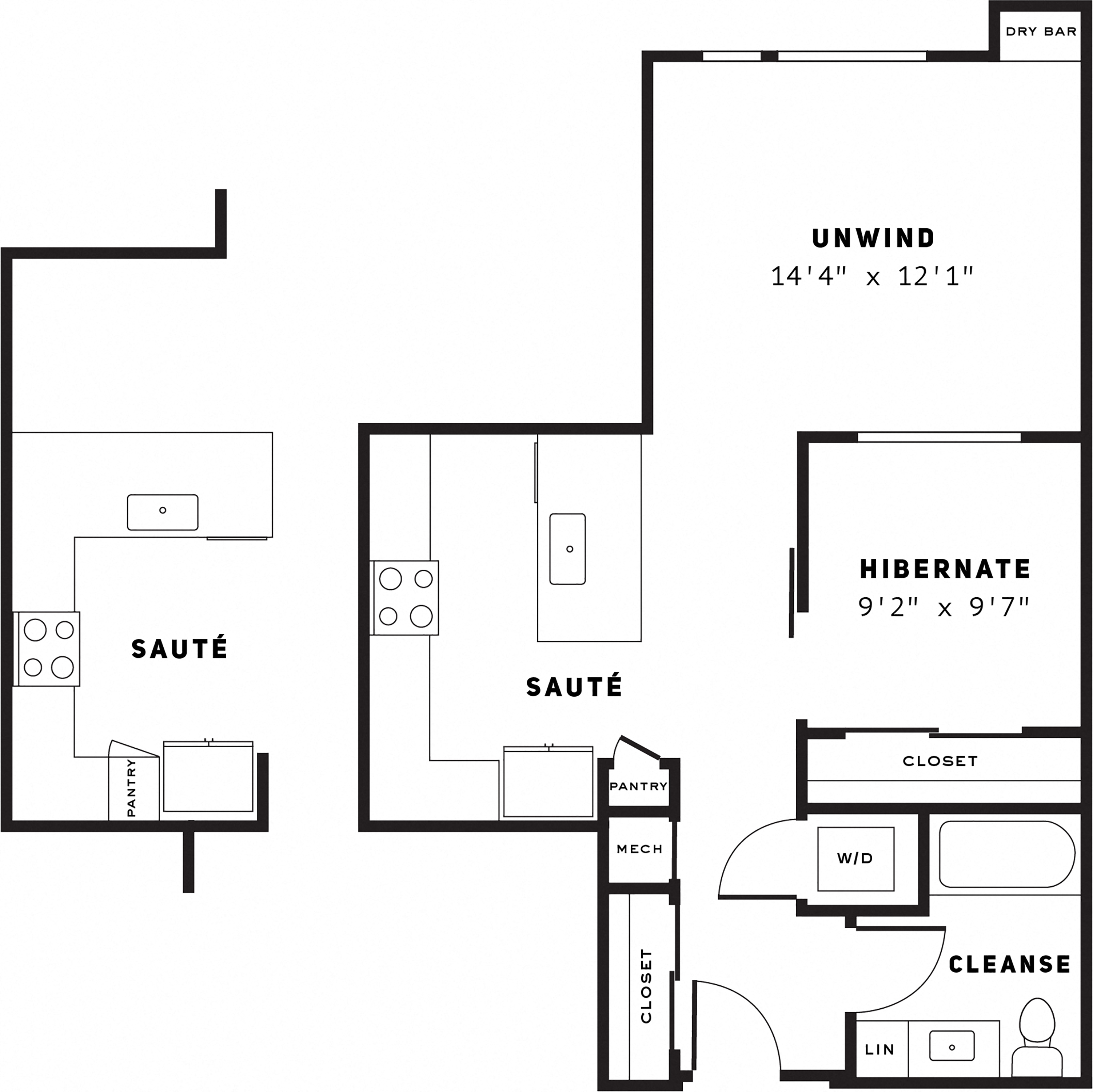 Floor plan for 1 bed, 1 bath, 693 sqft